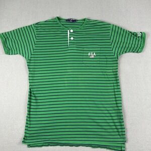 Polo Sport Ralph Lauren Shirt‎ Mens Large Green Striped Henley Pocket USA Flag